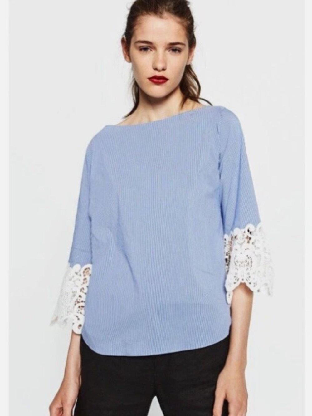 ZARA Woman Blue Pinstripe Crochet Lace Guipure Sleeve Blouse